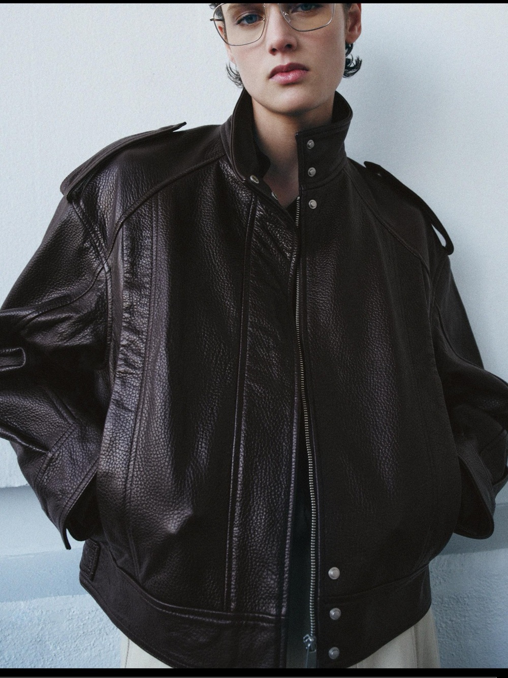 Zara Dark Brown Leather Bomber Jacket